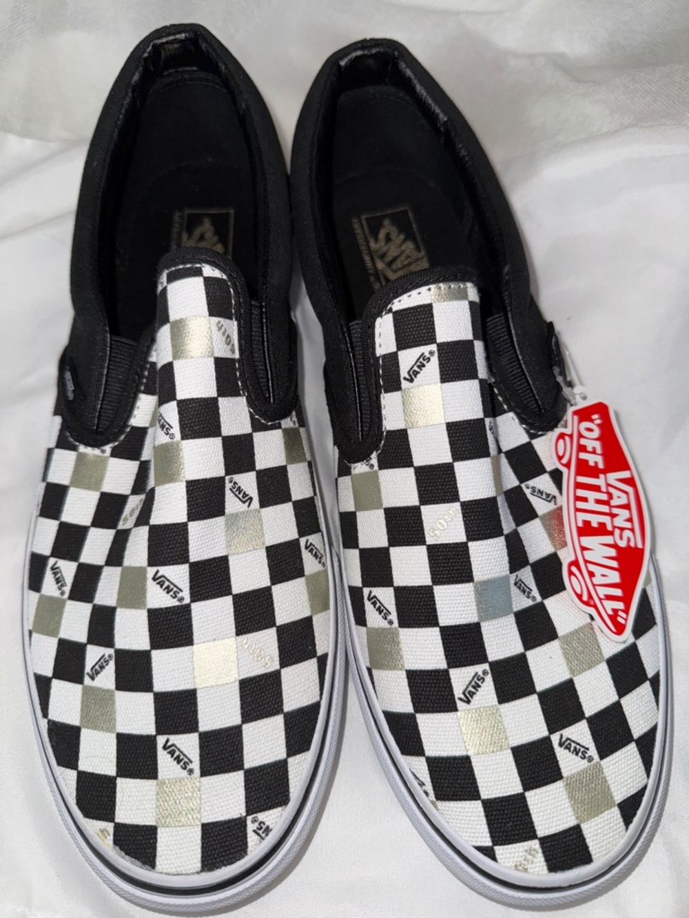 RARE Vans 50th Anniversary Black and Gold Checker Print Classic Slip-On Shoes